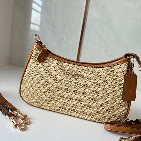 Coach Teri 2way Shoulder Bag Crossbody Straw Smooth Leather Latte Multi CR350 - Picture 3 of 9